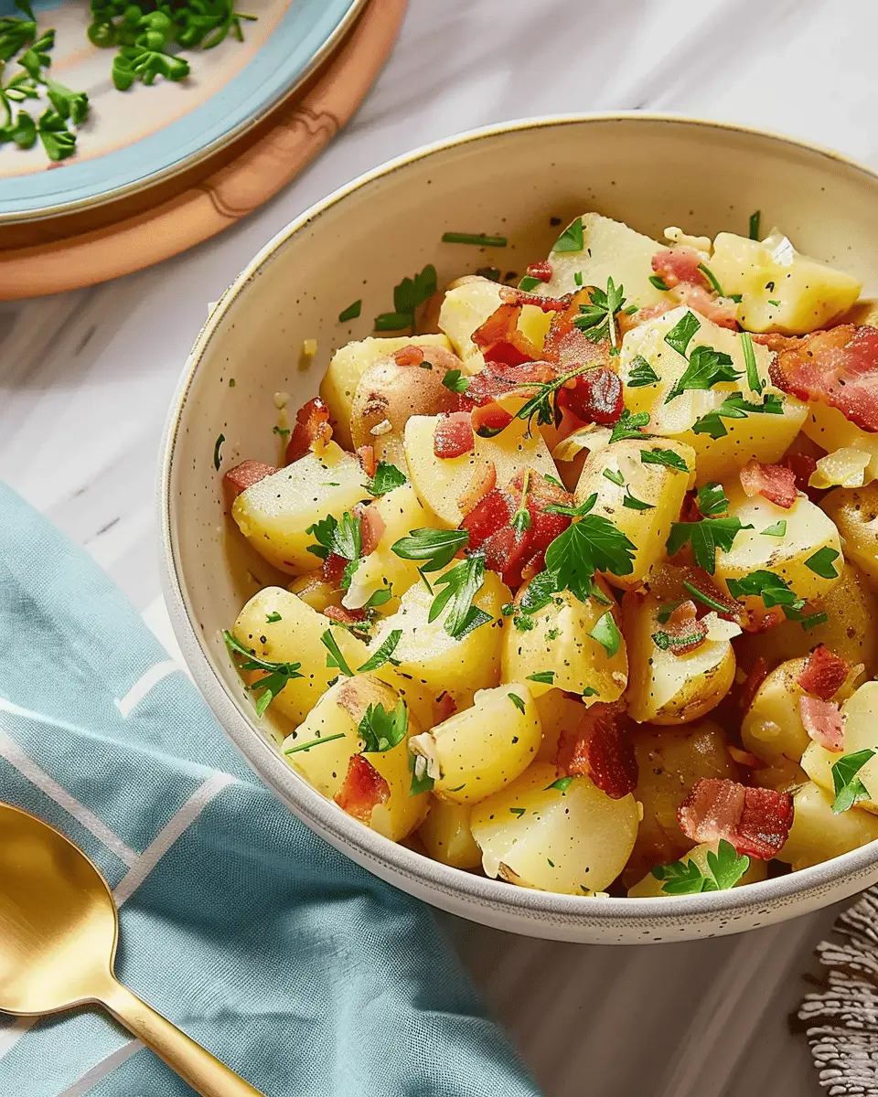 German Potato Salad: Tangy, Warm & Turkey Bacon-Loaded Delight