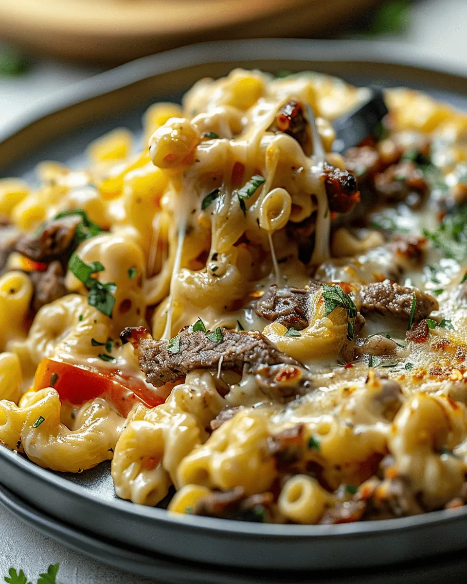 High Protein Philly Cheesesteak Mac and Cheese for Cozy Nights