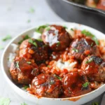 BBQ lentil meatballs. Simple plant-based ingredients of lentils, rice, mushrooms, and BBQ sauce