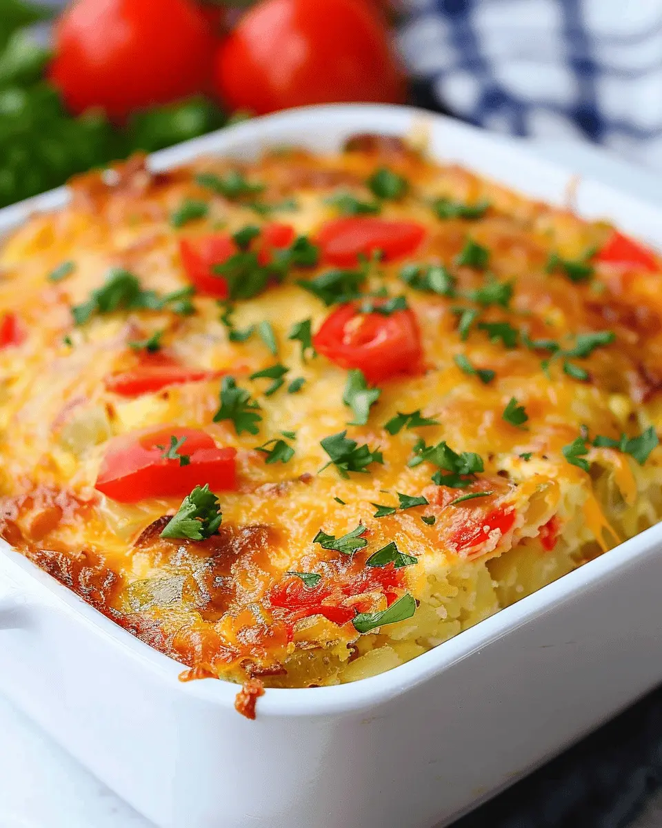 Hearty Fiesta Egg Hashbrown Breakfast Casserole with Turkey Bacon and Chicken Ham