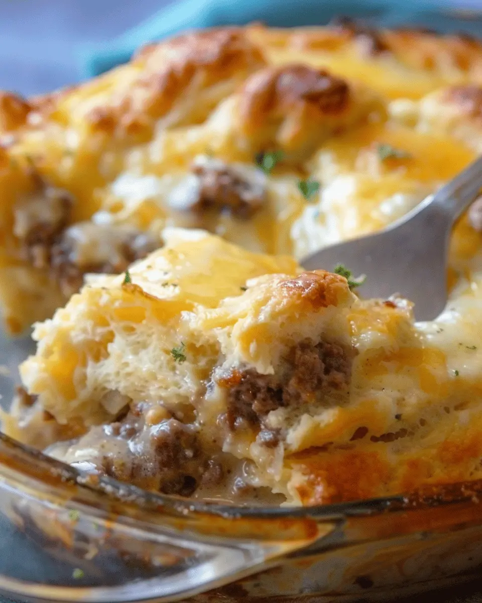 Biscuits and Gravy Breakfast Casserole with Turkey Bacon Delight