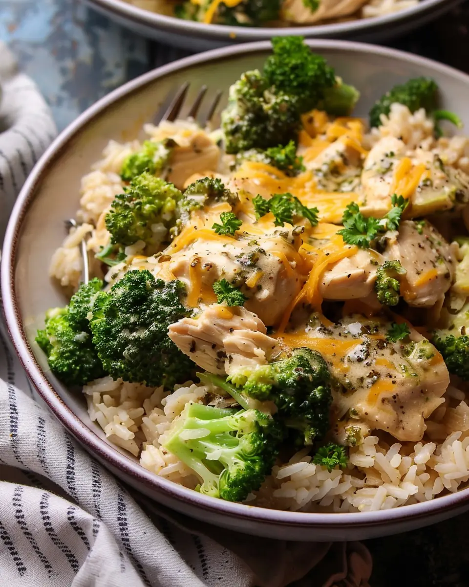 Slow Cooked Chicken, Rice, and Broccoli with Cheddar Bliss
