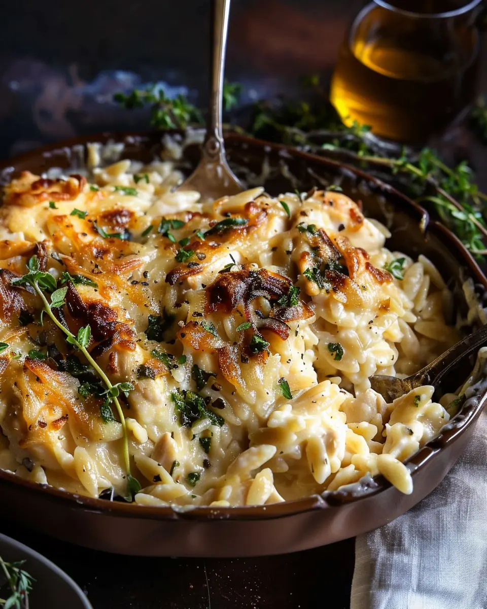 French Onion Chicken Orzo Casserole with Savory Turkey Bacon