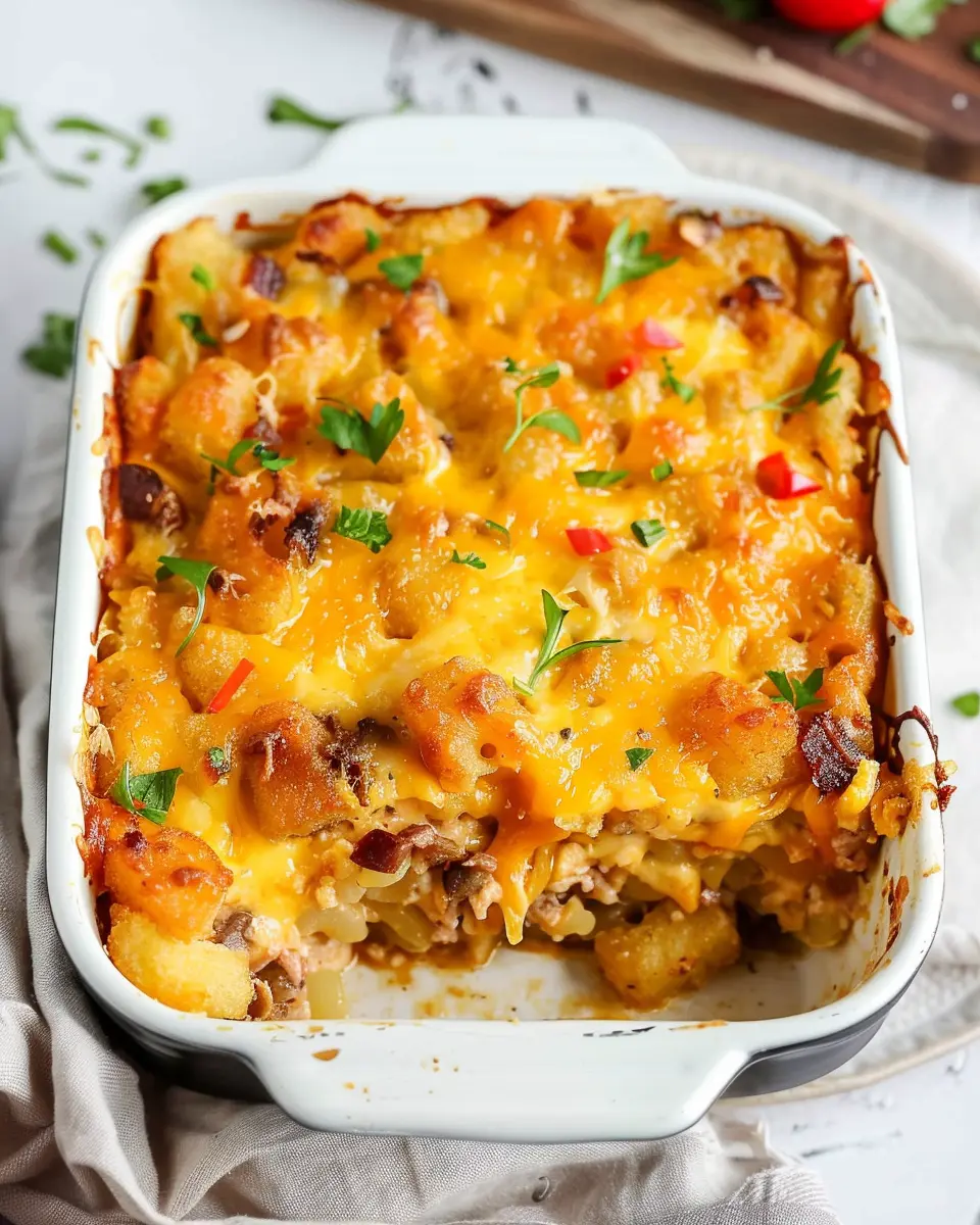 Tater Tot Breakfast Casserole with Turkey Bacon and Chicken Ham