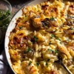 French Onion Chicken Orzo Casserole
