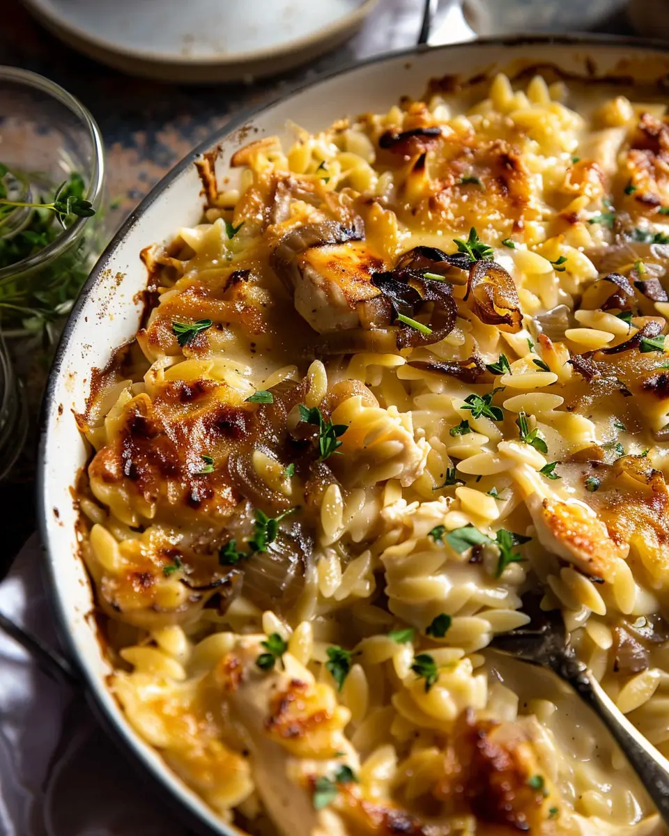 French Onion Chicken Orzo Casserole with Turkey Bacon Delight