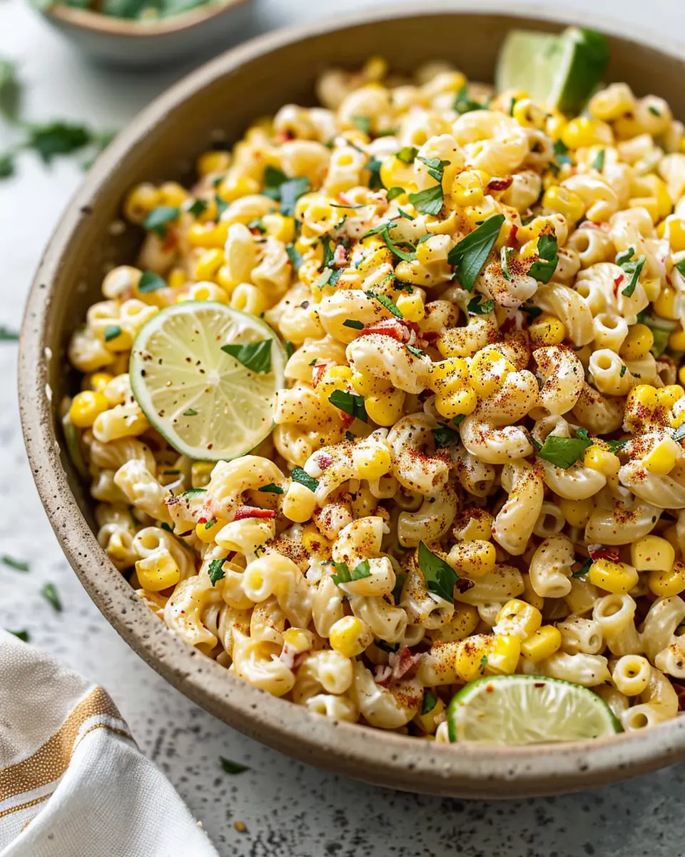 Creamy Street Corn Pasta Salad with Turkey Bacon and Chicken Ham