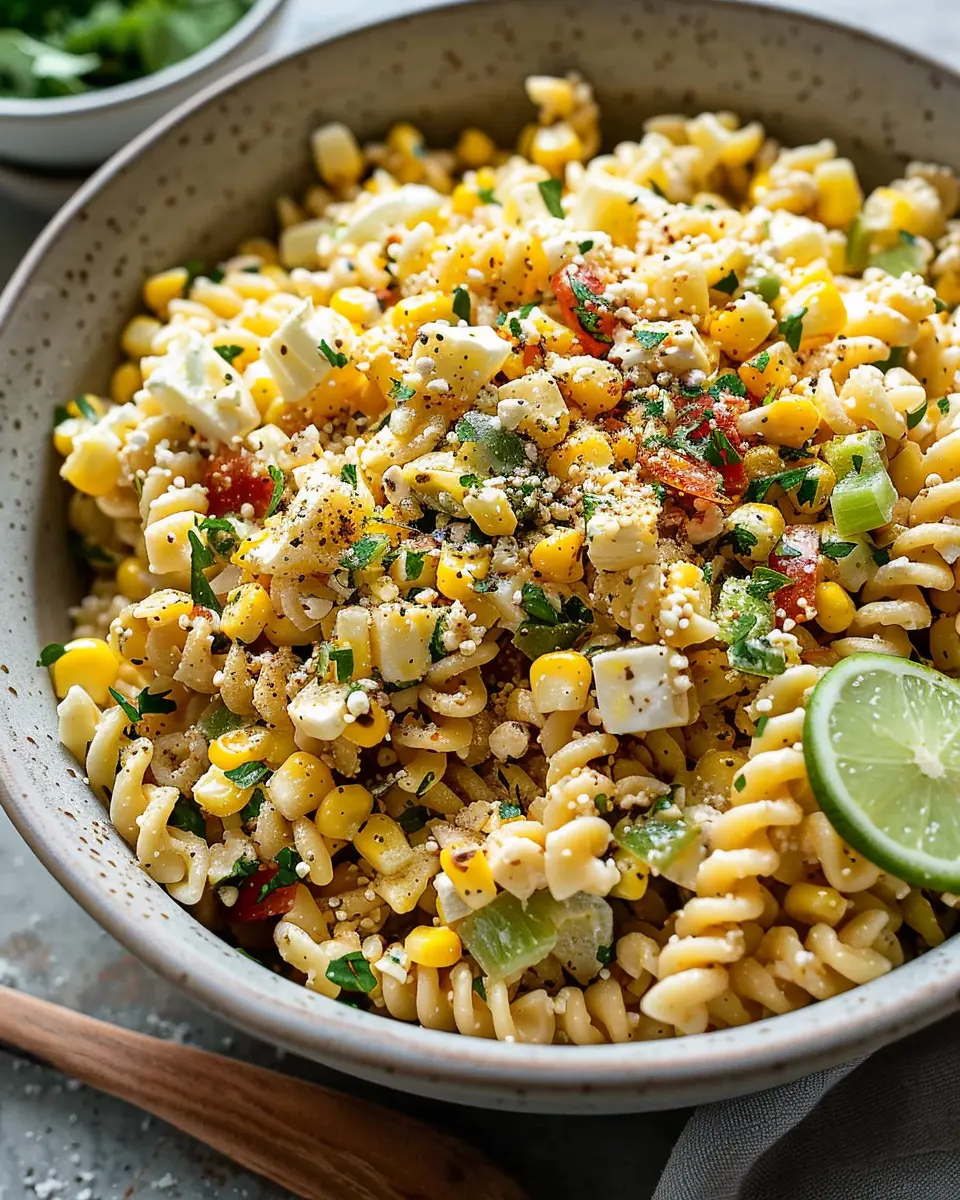 Creamy Street Corn Pasta Salad with Turkey Bacon and Chicken Ham