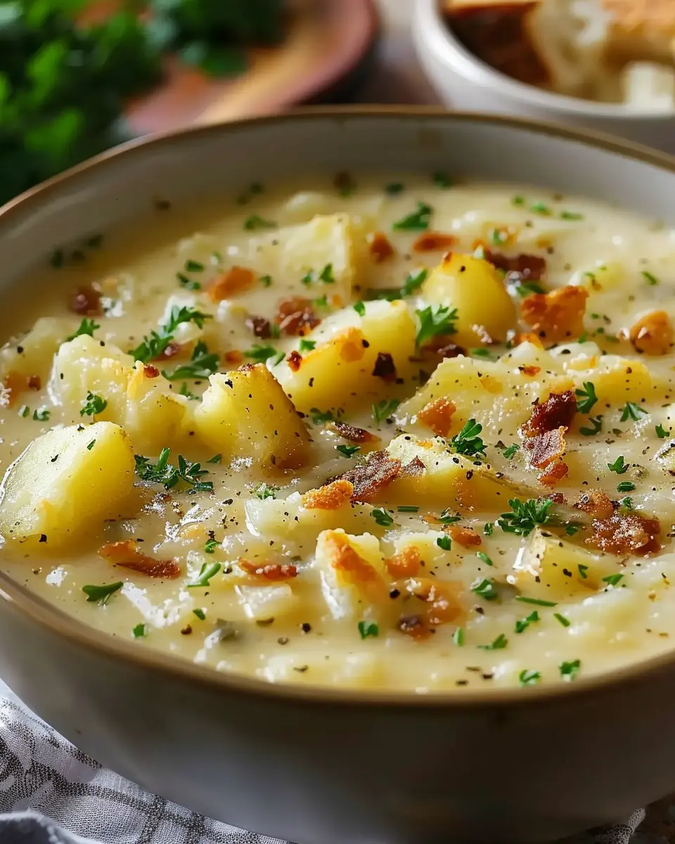 Hearty Cheddar Garlic Herb Potato Soup with Turkey Bacon Delight