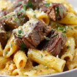 Cajun Steak Tips in Cheesy Rigatoni Parmesan Sauce