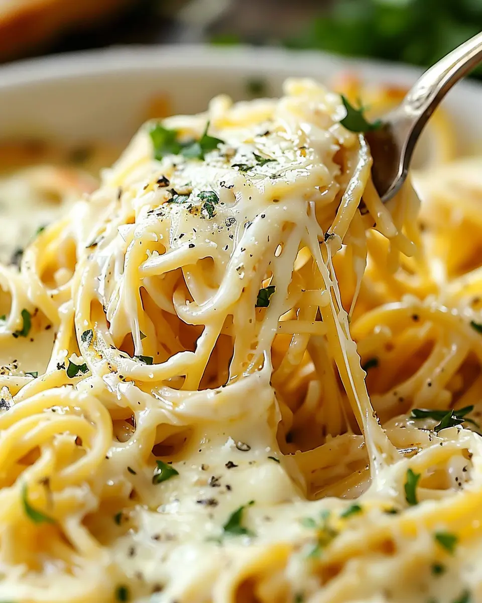 Cheesy garlic parmesan spaghetti with cream cheese and turkey bacon