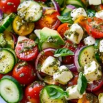 Tomato Cucumber Avocado Salad with Mozzarella and Basil Pesto