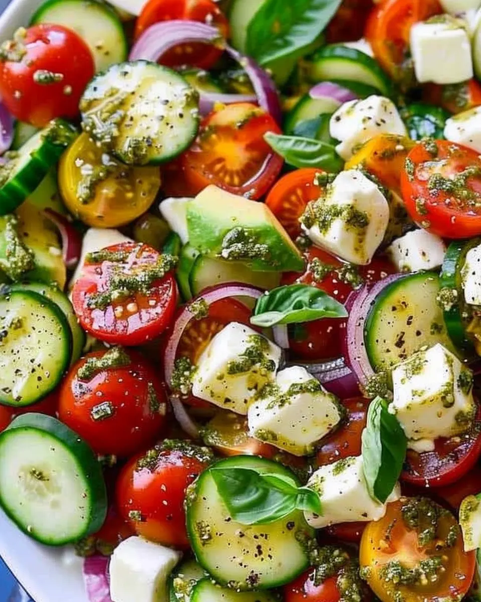 Tomato Cucumber Avocado Salad: Easy Mozzarella &amp; Basil Pesto Delight