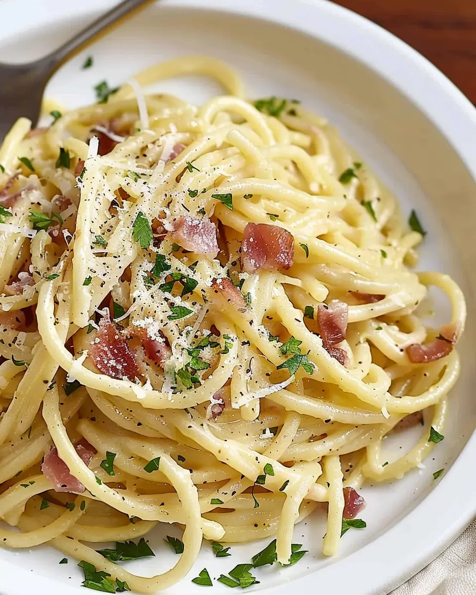 Easy Spaghetti Carbonara with Turkey Bacon and Chicken Ham Delight